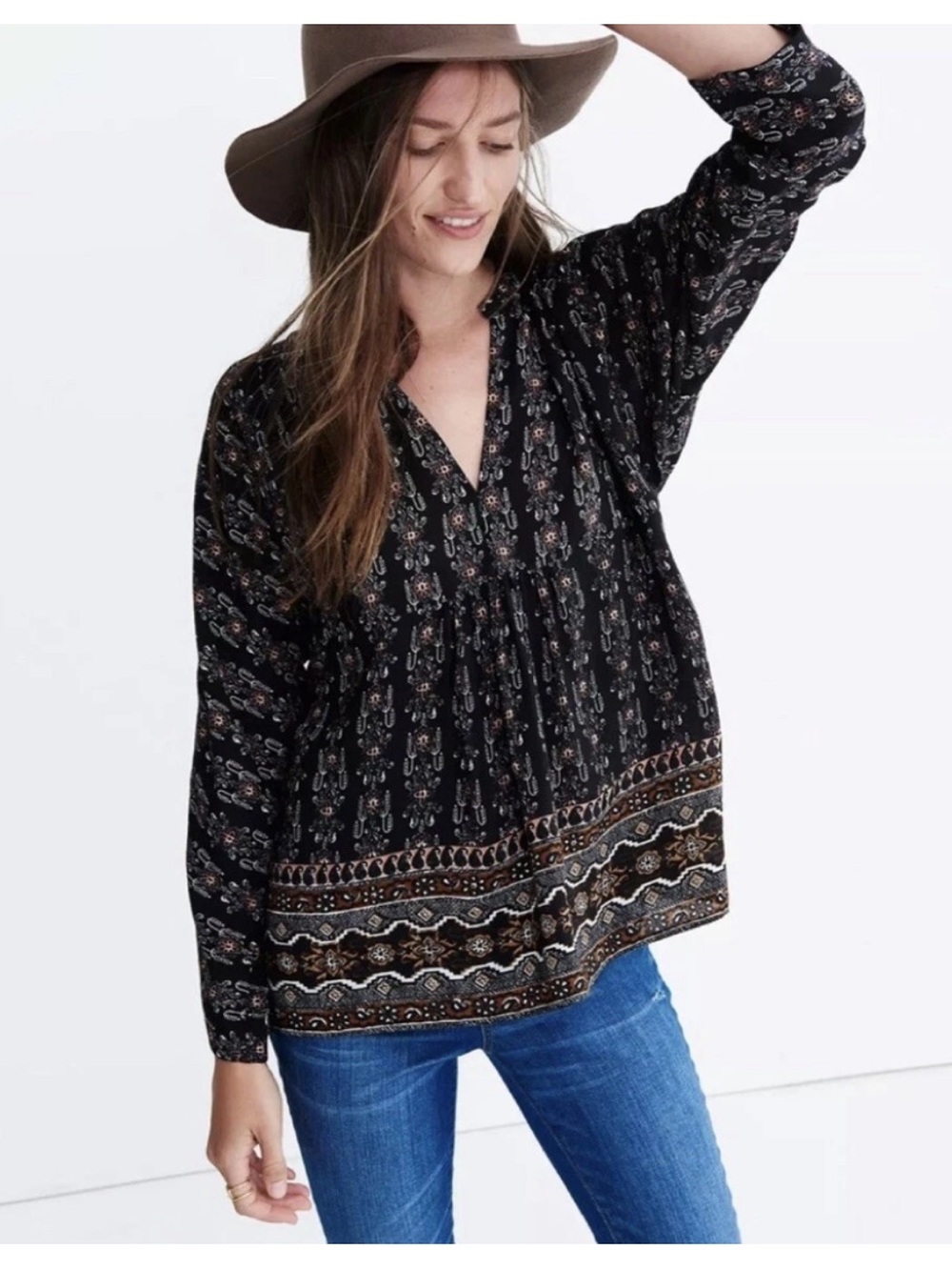 Madewell Silk Top Blouse Black Floral Boho Bohemian Small S